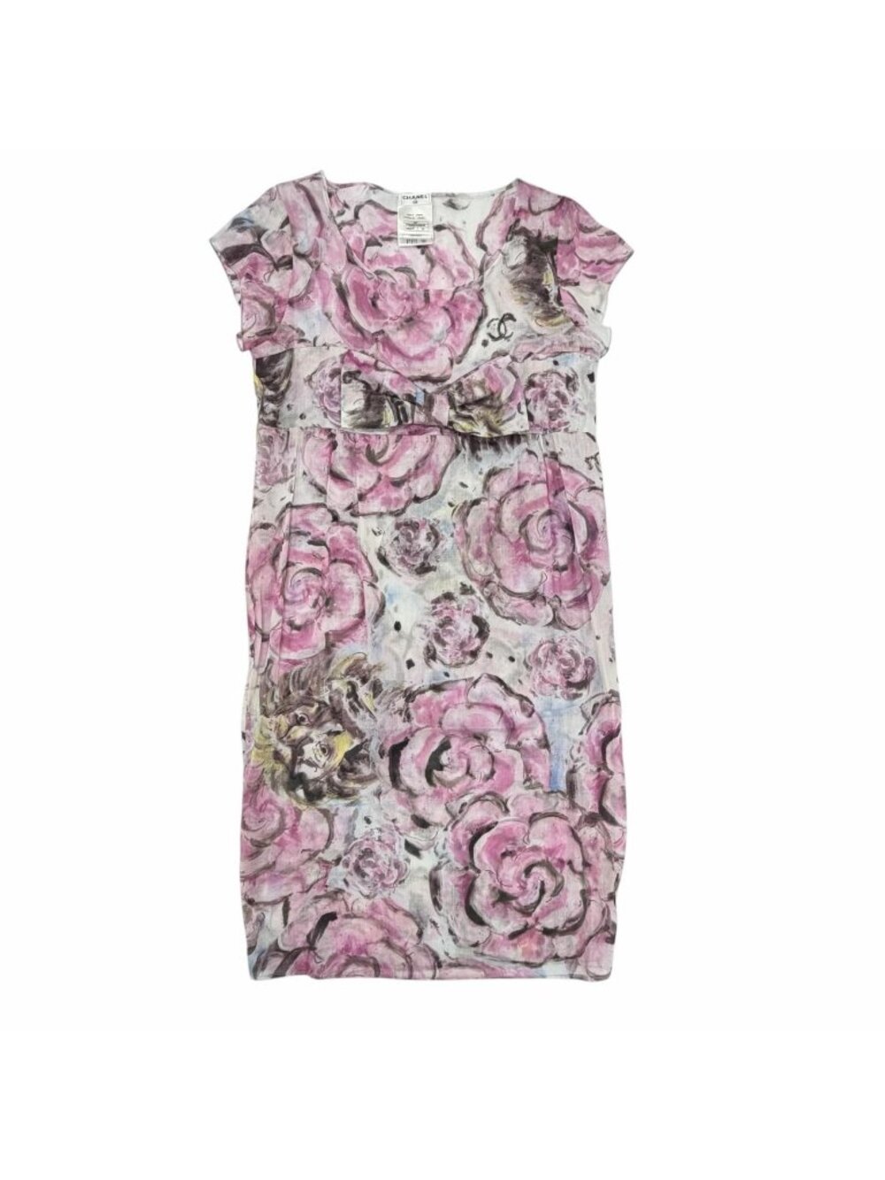 Chanel 09P Cotton 100% CC Logo Camellia Print with Ribbon Dress 34